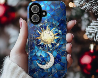 Celestial Moon & Sun Glasmalerei-Handyhülle | Aesthetisches Mystic Design für iPhone 16 Pro Max 15 14 13 Plus Mag Safe, Samsung S24 Ultra S23