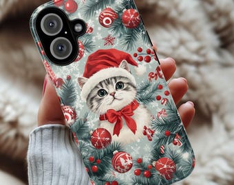 Christmas Cat Phone Case with Ornaments, Cute Pastel Colors Holiday Cover for iPhone 16 15 14 Tough or Magsafe, Samsung, 431.4