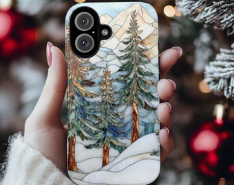Winter Landscape Pine Trees Stained Glass Effect Phone Case, Xmas Phone Cover for iPhone 16 15 14 13 Pro Max Plus Magsafe, Galaxy S25, 420.2