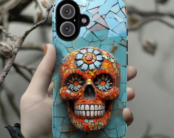Dia de Muertos Halloween Skull Phone Case, Stained Glass 3D effect Phone Cover for iPhone Tough or Magsafe, Samsung Galaxy, 465.9