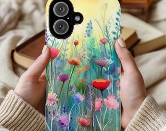 Meadow Floral iPhone Case with Rainbow Ombre Paint Vibes Cover for iPhone 16 15 14 13 Tough or Magsafe, Samsung, Flowers Lovers Gift, 90.3