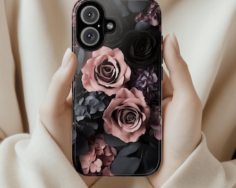 Florale Handyhülle, Pinke und Schwarze Rosen Blumen Hülle, Gothic Dark Academia, für iPhone Magsafe 16, 15, 14, 13 & Samsung, Pixel 9, 428.18