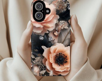Luxury Anemone Flower Phone Case, Stylish Crystal Accents Rose Floral Design Cover for iPhone 16 15 Tough or Magsafe, Samsung, 476.29