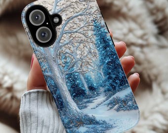 Winter Forest Phone Case,Cozy Holiday Mosaic Snowy Landscape, Frosty Woods Case for iPhone 17 16 15 Tough or Magsafe, Samsung, 481.6