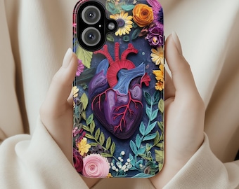Anatomy Heart & Floral Quilling Paper Art 3D Phone Case, Artistic Nature Cover for iPhone 16 15 14 Tough or Magsafe, Samsung, 470.18