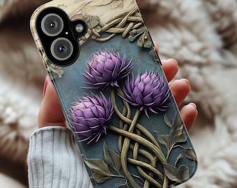 Celtic Thistle Phone Case, Rustic 3D Style Purple Flower Design, Nature Celtic Cover for iPhone 16 15 Tough or Magsafe, Samsung S25, 439.48
