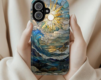 Stained Glass Sunset Ocean Phone Case, Sea-Wave Inspired Cover, Beach Lovers Gift Case Tough or Magsafe for iPhone 16 15 14 13, 455.12