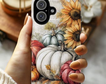 May include: A phone case featuring a watercolor illustration of pumpkins, sunflowers, and autumn leaves. The design includes a white pumpkin, red and blue pumpkins, and yellow sunflowers. The background has a vintage newspaper print.
