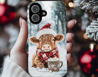 Christmas Highland Cow & Winter Forest Phone Case, Festive Xmas Hot Chocolate Marshmellow iPhone 16 15 14 13 Pro Max, Samsung S24, 440.4
