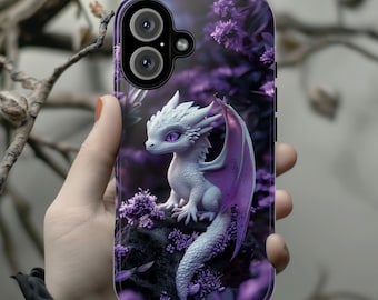 Cute 3D effect Baby Dragon Purple Floral Phone Case | White Baby Dragon Phone Cover for iPhone 16, 15, 14, 13 Tough or Magsafe, 421.9