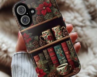 Christmas Bookshelf Phone Case, Holiday Mugs & Poinsettia Floral Cover for Tough or MagSafe for iPhone 17 16, Samsung S25, 423.34