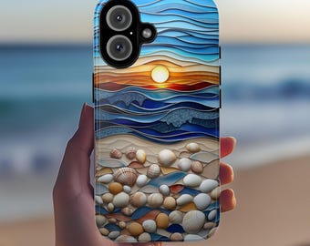 Stained Glass Art Summer Beach Sunset Phone Case, 3D Seashell Ocean Tough or Magsafe for iPhone 16 15 14 13 / Samsung S24 Pixel, 455.2