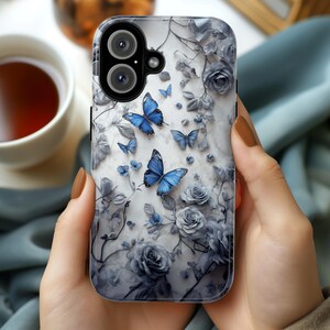 3D Blue Butterflies and Gray Rose Phone Case, Art Floral Butterfly Phone Cover for iPhone 16, 15, 14, 13 Magsafe & Samsung, Pixel, 422.10