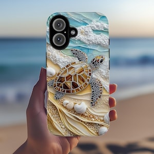 Coque de portable 3D Ocean Turtle Beach, design vagues et coquillages pour iPhone 16, 15, 14, 13 ou Magsafe, Samsung Galaxy S25, Pixel 9, 455.9