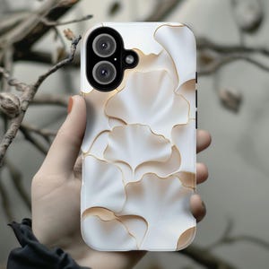 White Ginkgo Leaf Phone Case, 3D Style Gold Edged Design, Botanical Art Case for iPhone 16 15 14 13 Magsafe Pro Max, Samsung S25, 439.61