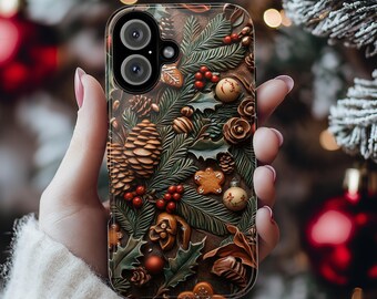Pine Cone 3D Christmas Phone Case, Holiday Pine and Berry Design MagSafe for iPhone 16 15 14 13 Pro Max Plus, Samsung S25, Pixel 9, 433.3
