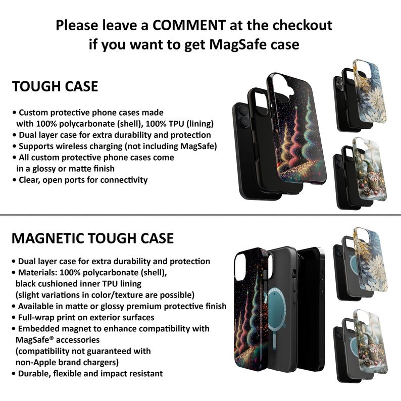 May include: Two phone cases with different designs. The first case is a tough case made with polycarbonate and TPU. The second case is a magnetic tough case with a built-in magnet for compatibility with MagSafe accessories. Both cases feature a colourful design with a Christmas tree theme.