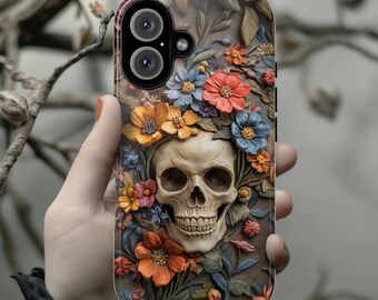 3D Dia de los Muertos Flora Skull Phone Case, Anatomical Gothic Botanical Phone, Halloween-Inspired Cover for iPhone & Samsung, 435.4