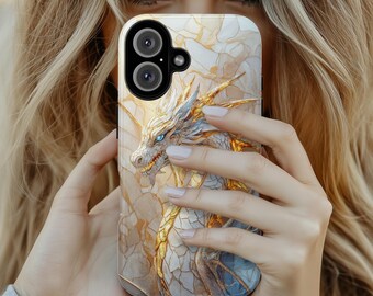 May include: A white and gold dragon phone case with a marble-like background. The case has a camera cutout and a white dragon with gold accents.