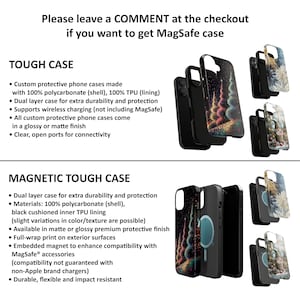 May include: Two phone cases with different designs. The first case is a tough case made with polycarbonate and TPU. The second case is a magnetic tough case with a built-in magnet for compatibility with MagSafe accessories. Both cases feature a colorful design with a Christmas tree theme.