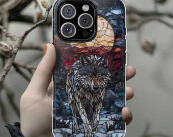 Stained Glass Fantasy Wolf Phone Case, Dark Gothic Phone Cover for iPhone 16 15 14 13 Tough or Magsafe Samsung Galaxy S24, 421.10