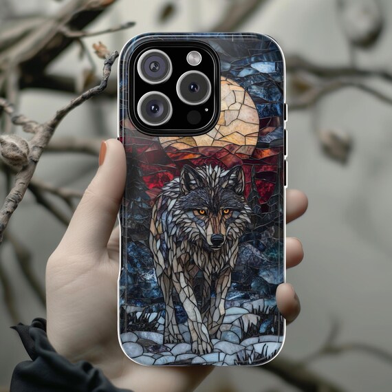 Stained Glass Fantasy Wolf Phone Case, Dark Gothic Phone Cover for iPhone 16 15 14 13 Tough or Magsafe Samsung Galaxy S24, 421.10