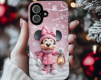 Minnie Mouse 3D Phone Case, Cartoon Xmas Design Pink Minnie Mouse Christmas Phone Case for iPhone 16 15 14 Magsafe, Samsung S24, 442.5