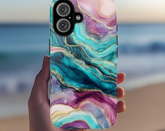 Pink Teal Bold Marble with Gold effect Phone Case, Stylish Protective Cover for iPhone and Android, Chic Modern Aesthetic Accessory, 479.2