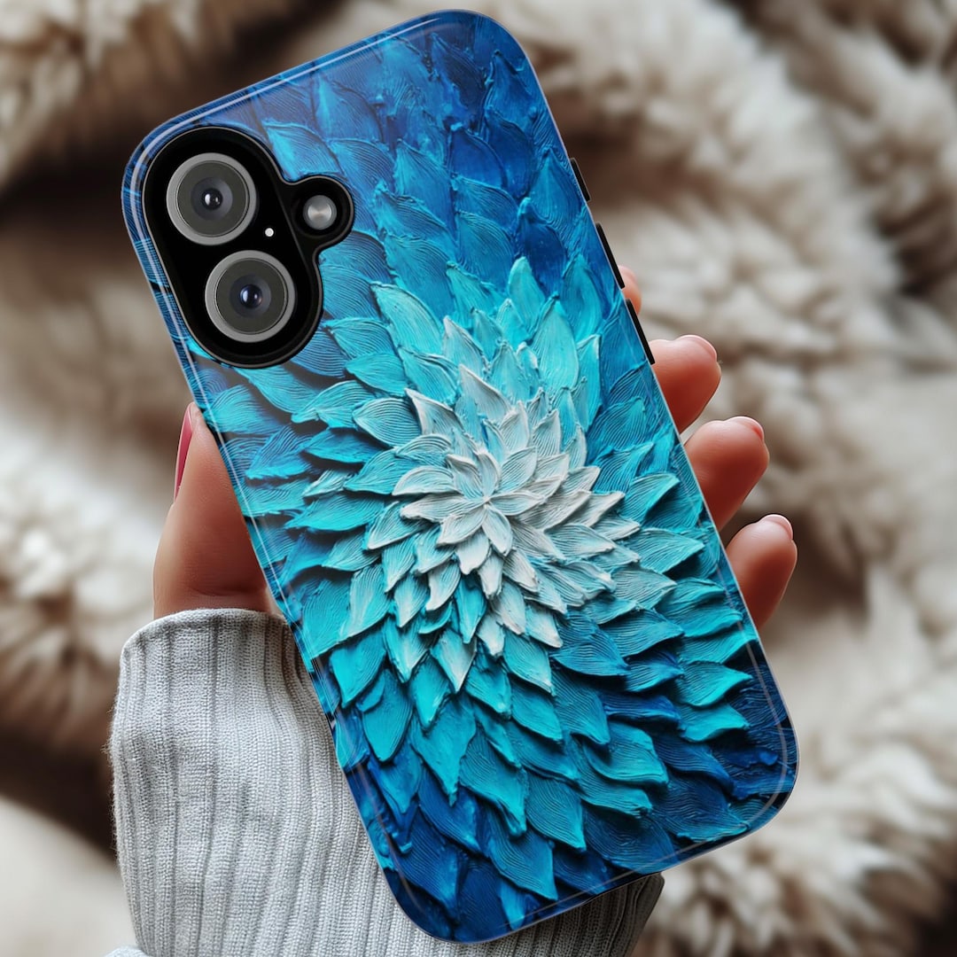 Ocean Blue Dahlia Phone Case, 3D Painted Floral Effect, Artistic