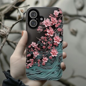 ピンクの桜の波模様の携帯電話ケース、花柄の和風アート、iPhone 16 15 14 Tough または Magsafe、Samsung S25 用桜の花、469.9