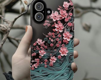 Etui na telefon z falą różowej wiśni, kwiatowa grafika w stylu japońskim, kwiat sakury do iPhone'a 16 15 14 Tough lub Magsafe, Samsung S25, 469,9