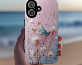 Dragonfly phone case with dandelions in oil painting style, artistic floral design phone cover for iPhone Tough or Magsafe, Samsung, 476.41