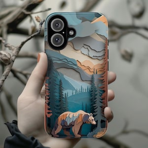 Forest Phone Case with Bear Design, Wildlife Woodland Art for Outdoor Lovers for iPhone 16 15 14 13 Tough or Magsafe, Samsung, 470.17
