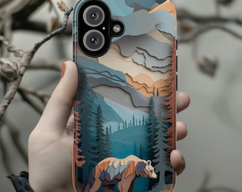 Forest Phone Case with Bear Design, Wildlife Woodland Art for Outdoor Lovers for iPhone 16 15 14 13 Tough or Magsafe, Samsung, 470.17