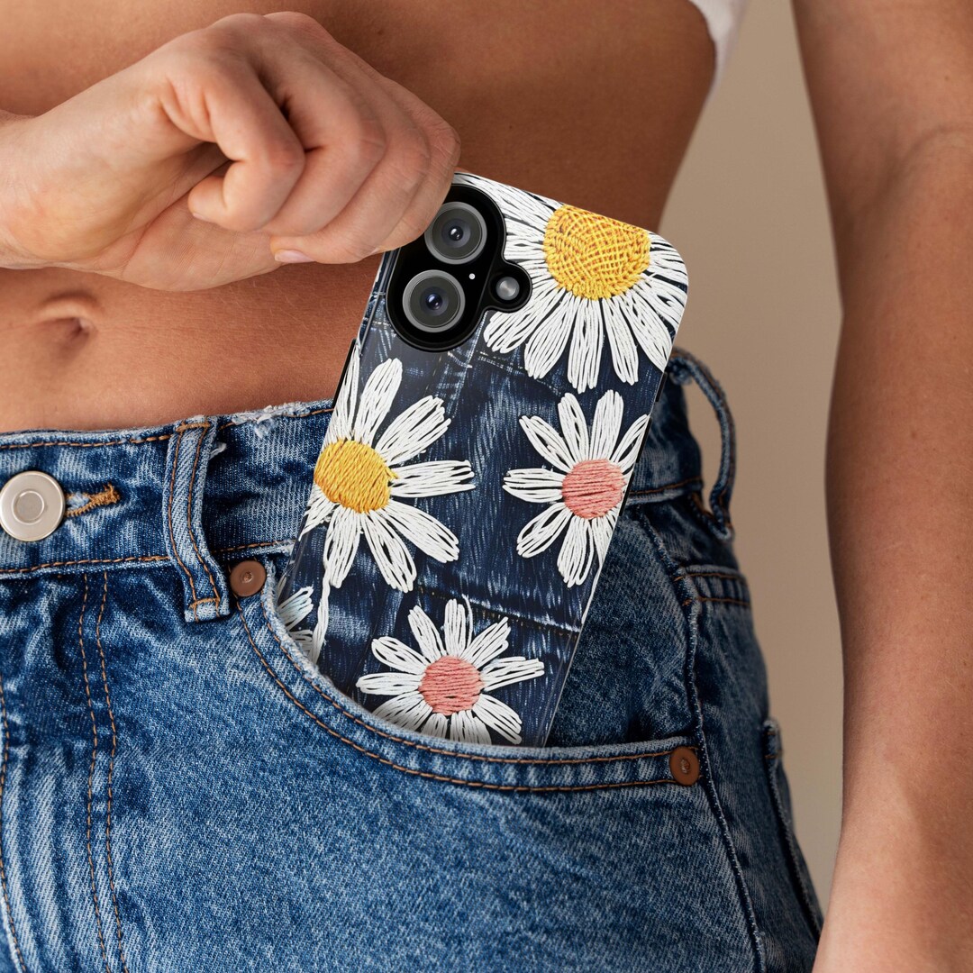 Embroidered Style Daisies on Denim Texture Phone Case, Floral Phone ...