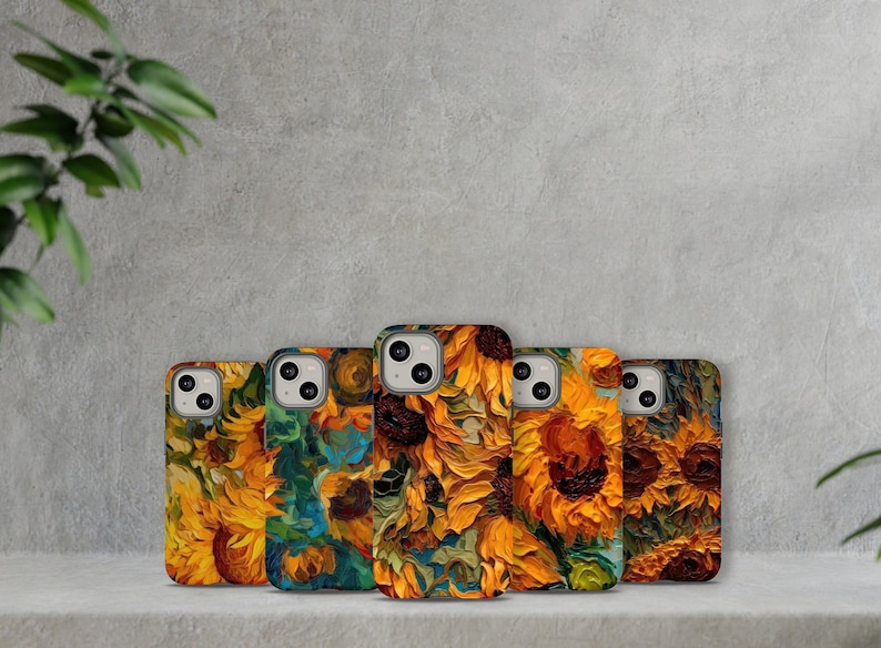 May include: Six different iPhone cases with a sunflower design. The cases are all different colors and have a variety of sunflower patterns.
