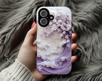 Sakura Cherry Blossom & Waves Phone Case, Purple Japanese Art Cover, 3D Elegant Floral Case for iPhone 16 15 14 Magsafe, Samsung S25, 469.2