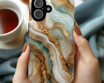 3D Marble Agate Phone Case, Luxury Gold & Mint Stone Cover, Stylish Gemstone Design for iPhone 17 16 15 Tough or Magsafe, Samsung, 479.10