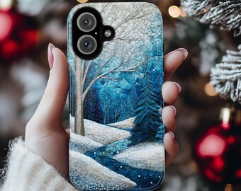 Winter Landscape Phone Case with Mosaic Art Style, Snowy Forest Scenery Design Case for iPhone 17 16 15 Tough or Magsafe, Samsung, 481.2