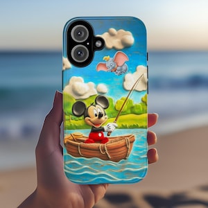 Funda para teléfono de Mickey Mouse y Dumbo con escena de pesca, con adorables dibujos de Disney y escena de barco, para iPhone 16, 15 y 14 (resistente o Magsafe), Samsung, 442,49