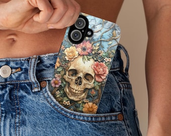 Coque de portable Dia de los Muertos, squelette floral anatomique, fleurs artistiques anatomiques et coque de portable squelette pour iPhone 16, Samsung S24, 435,6