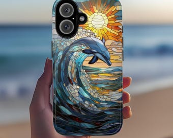 Ocean Sunset Dophin Phone Case, Stained Glass Summer Beach Cover, Mosaic Vibrant Ocean Tough or Magsafe for iPhone 16 15 14 13 455.11