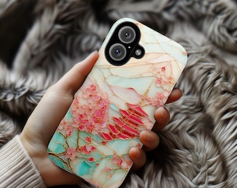 Cherry Blossom Phone Case, Mount Fuji & Pagoda Japanese Sakura Stained Glass Design for iPhone 16 15 Tough or Magsafe, Samsung S25, 469.11