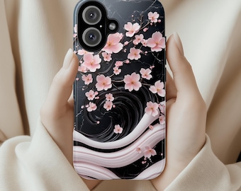 Eleganckie etui na telefon z motywem różowego kwiatu wiśni 3D, czarno-różowe etui z japońską grafiką, etui z motywem kwiatowym Sakura do iPhone'a 16 15 14 Magsafe, Samsung S25, 469,5