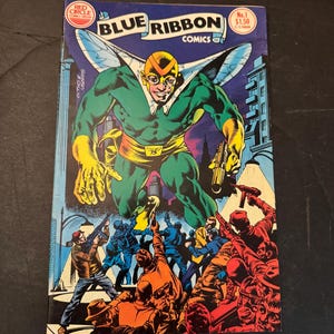 May include: A comic book cover featuring a green and yellow superhero with wings, fighting against a group of armed men. The comic book is titled "Blue Ribbon Comics" and is issue number 1. The cover price is $1.50.