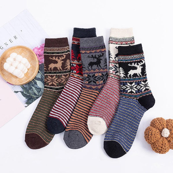 Fünf Paare Rentier Skandinavische Socken Nordic Kuschelsocken Damen Frauen Valentinstag Geschenkidee Unisex Socks für Winter Ski Size 38-43