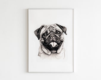 Retro Mops Poster Haustier Portraits Pug Hund Wohndekor Fressnapf Print Druck Digital Art Digitaldruck Wanddekoration Haustier Wandkunst