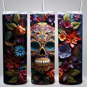 Day of the Dead 3D Sugar Skull Floral Tumbler Wrap, PNG, Instant Download, Sublimation, Halloween Design, 3D Flowers, 20oz Tumbler Fall Gift