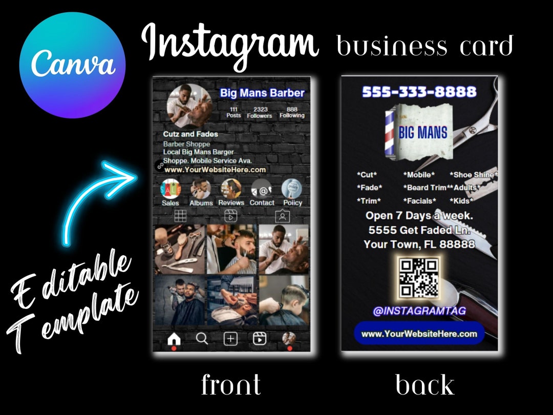 DIY Editable IG Business Card Canva Template, Barber Business Card ...