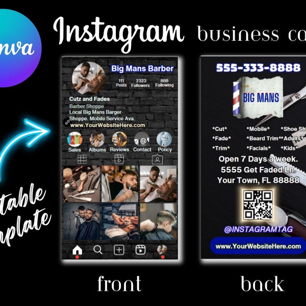 DIY Editable IG Business Card Canva Template, Barber Business Card, Instagram Template, IG Digital Cards, Trendy Business Card Template